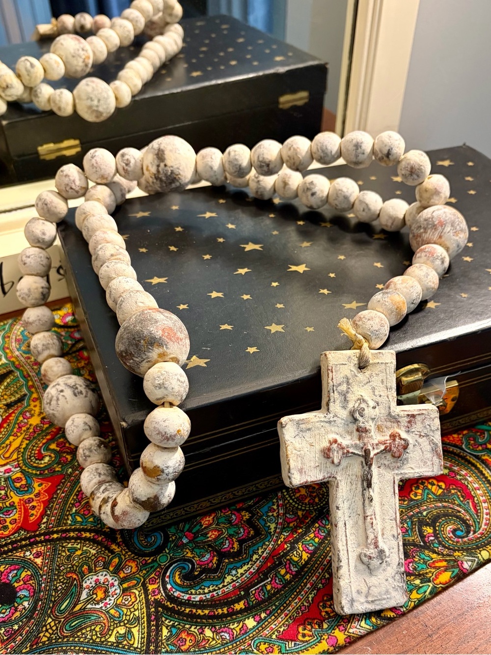 Large 32” Wood Beaded Rosary Ceramic Crucifix Wall Decor Rustic Religious